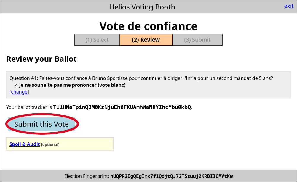 Screenshot of Helios voting booth